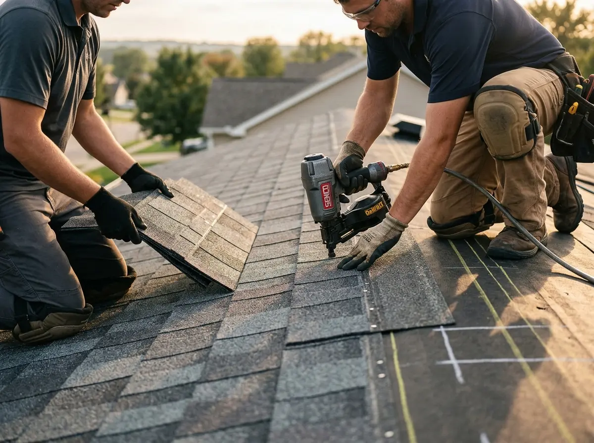 Professional roofer working on a residential roof in Park